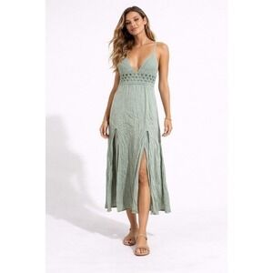 Sage Green Crochet Bodice Maxi Dress Sm. Boho Crinkle Dual Slit Summer Festival